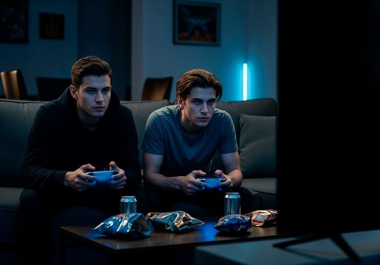 two young men playing video games home 23 2152006703